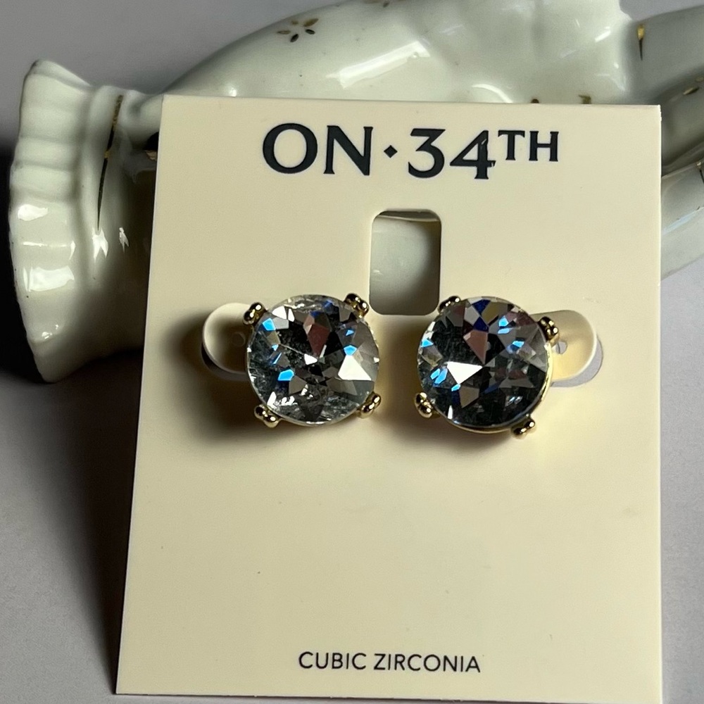 Large Cubic Zirconia Stud Earrings Set In Gold Tone